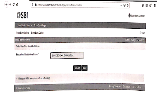  school name dropdown step to pay Sainik School Fess through SBI Payment Gateway 